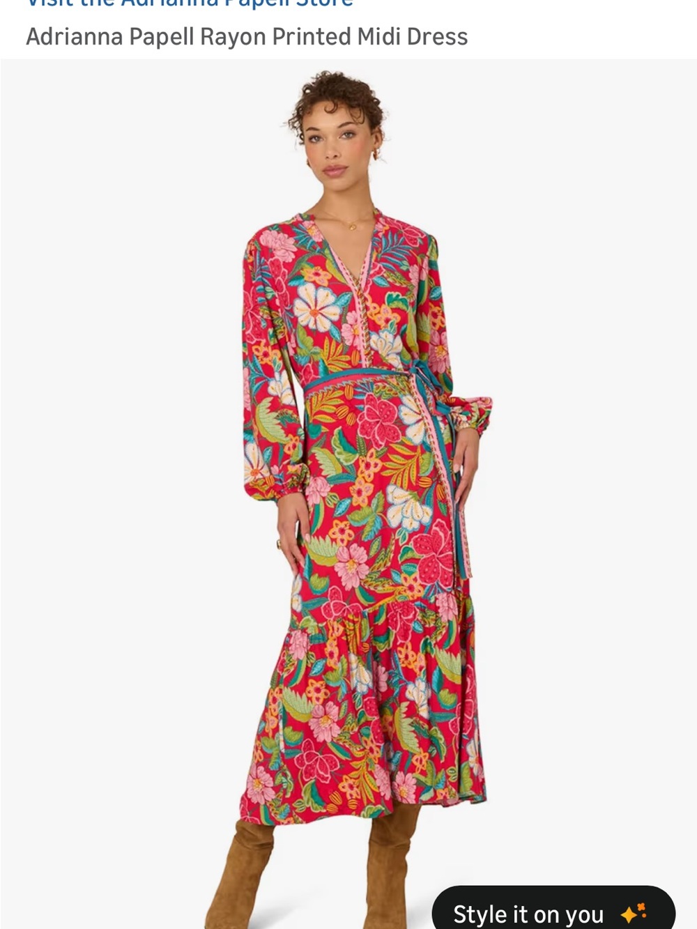Adrianna Papell Pink & Green Floral Wrap Midi Dress
